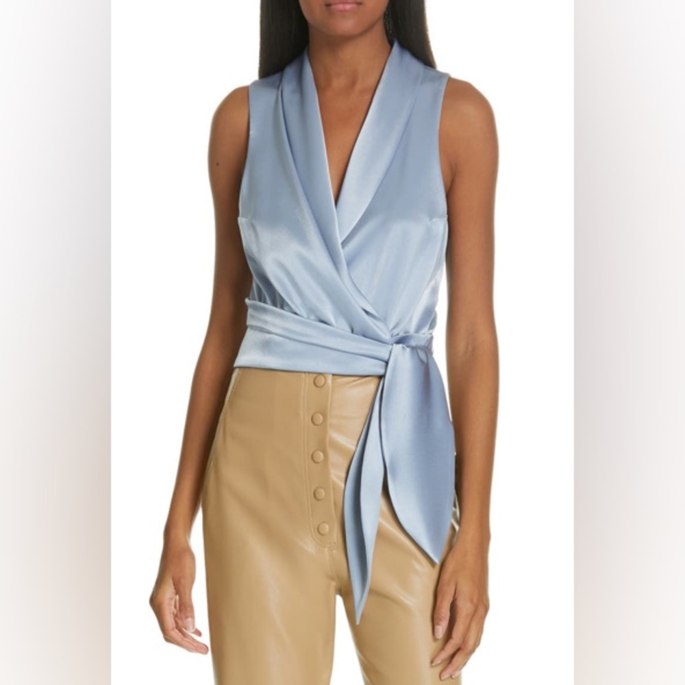 Nanuskha Silo Satin Wrap Top Sleeveless Shirt Ice Gray Blue Silver
